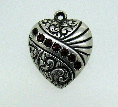 Victorian Repousse Puffy Heart Seven Red Stone Sterling Silver Charm