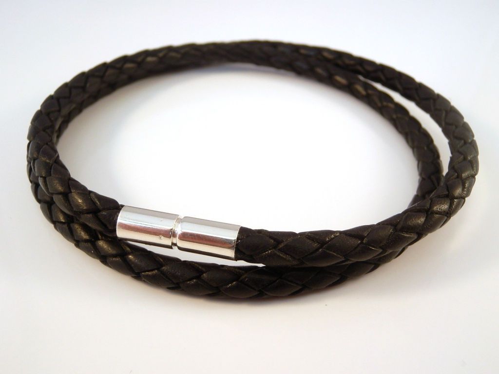 NECKLACE CHUNKY 5mm BRAIDED LEATHER STERLING SILVER TWIST CLASP