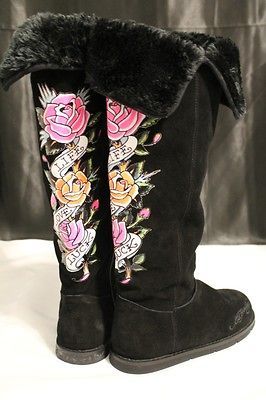 ED HARDY CHRISTIAN AUDIGIER WOMEN ROSES HI TALL WINTER BOOTS SHOES