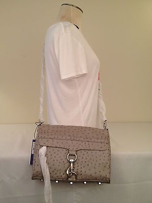 NWT REBECCA MINKOFF OSTRICH FULL SIZE MAC CLUTCH HANDBAG GREY LEATHER