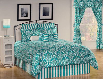 9pc Teal Classic Medallion Damask Design Comforter Set Queen