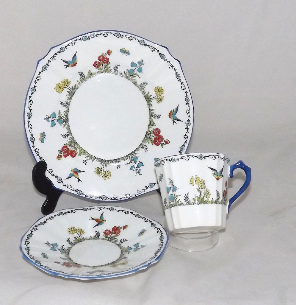 Collingwood Bone China Art Deco 1930s Trio Swallows and Bluebells