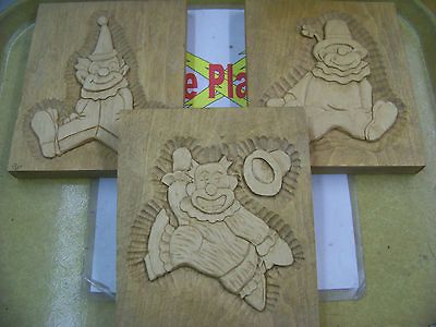 Carved Plaque, set of 3 playful clowns, nursery hanging decoration