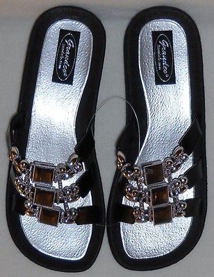 GRANDCO DRESSY Beach Pool SLIDE BLING Black Beaded Jeweled Sandals