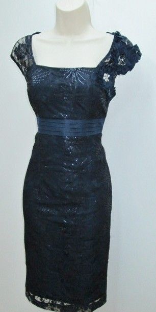 KM Collections Navy Lace Beaded Mother Bride Empire Cocktail Evening