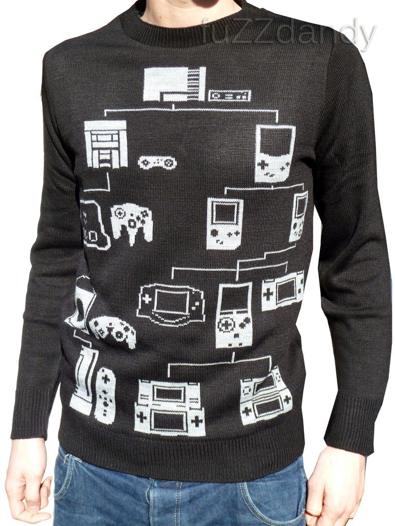 Mens black computer games console jumper vtg retro 80s 90s nerd geek