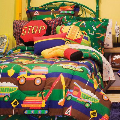 CONSTRUCTION TRUCKS BULLDOZERS BOYS FULL 8PC COMFORTER SET BED IN A