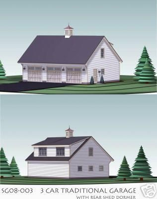 GARAGE PLANS BLUEPRINTS 3 CAR TRADITIONAL w SHED DORMER