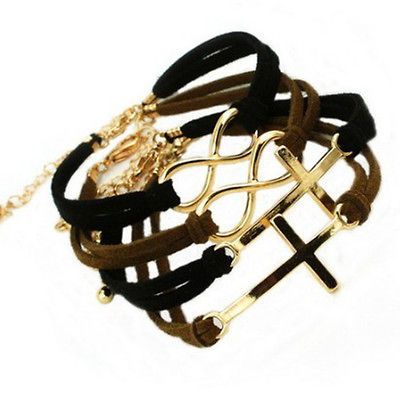 Fashion Leather Rope Bracelet Cross Bowknot Bangle Vintage Anchor