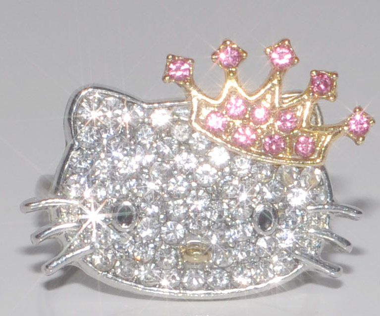 Hello Kitty Ring Gold plated crown pink Rhinestone adjustable size 7