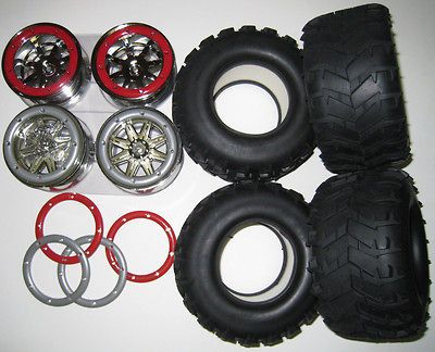 TMaxx EMaxx Savage RED BeadLock Rim Tire Deal 1  Offset