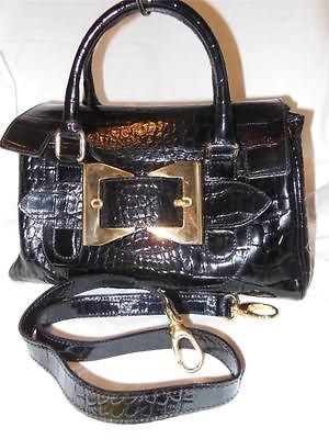 VERA PELLE BLACK GLOSSY LEATHER SATCHEL HANDBAG OR SHOULDER BAG MADE