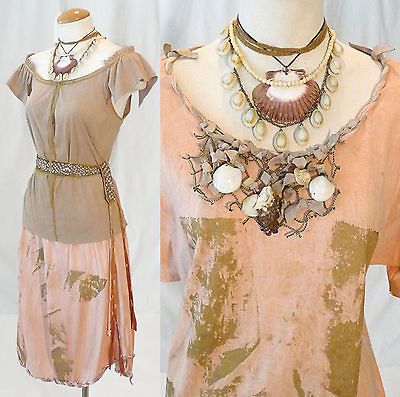 vtg 80s GOLD PAINTED Gypsy OMBRE tie dye BUCKSKIN + SHELLS boho hippie