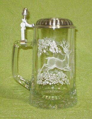 Deer Hunting Scene Crystal German Stein Pewter Top Nice Quality