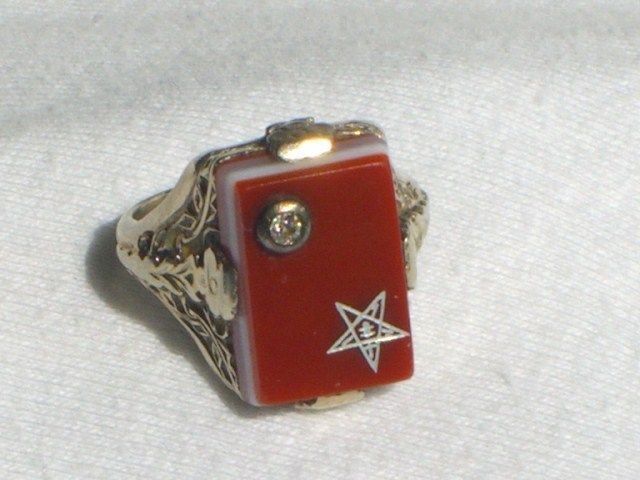 14K WHITE GOLD ART DECO FILIGREE MASONIC EASTERN STAR RING W/ DIAMOND