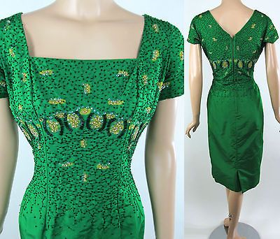 FRANK STARR Emerald Green Hand Beaded vintage 50s wiggle Dress size 36