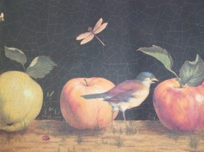 Wallpaper Border Apples Fruits Bird Dragonflies Vintage Black Red