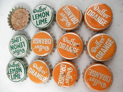 Lot of 12 Vintage Bottle Caps Duffys Orange + Lemon Lime Cork Back