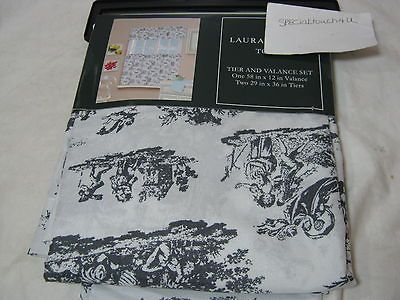 Ashley Toile Kitchen Tier and Window Valance Set Black/Off Whit e NIP