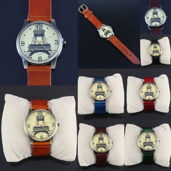 Womens Mens Retro Round Eiffel Tower Imitation Leather Watch