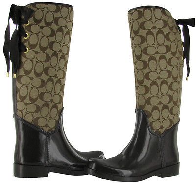 Coach Tristee Womens Rain Riding Boots Signature Khaki Chestnut Size