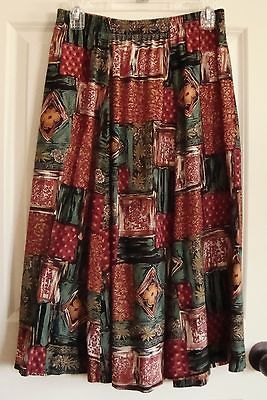 BonWorth Womens Green & Burgundy Floral Patchwork Look Rayon Skirt Sz