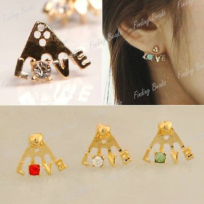 HOT 1 Pair Fashion 925 Silver Love Ear Earring Studs Rhinestone FJ47