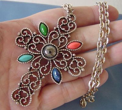 Vtg 1976 Avon Romanesque Filigree CROSS Faux Gemstones Pendant