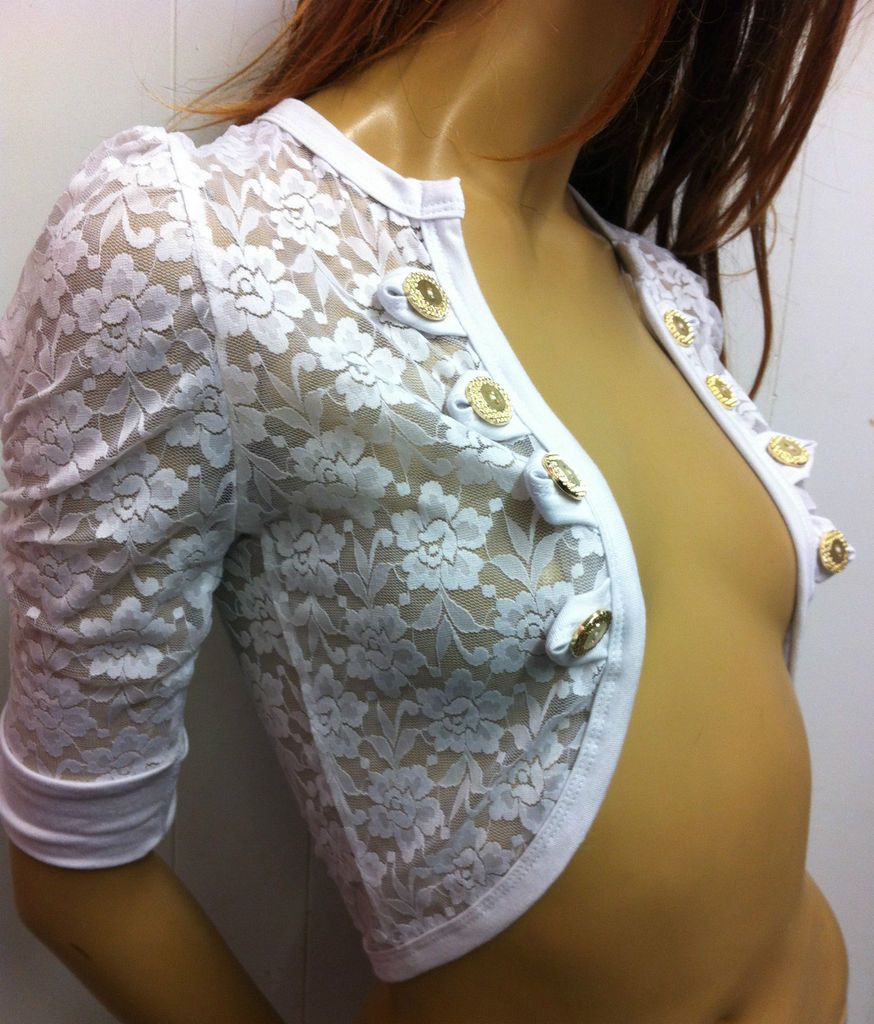 GORGEOUS PRETTY WHITE LACE GOLD BUTTON BOLERO SHRUG TOP SIZE 6 8 10 OR