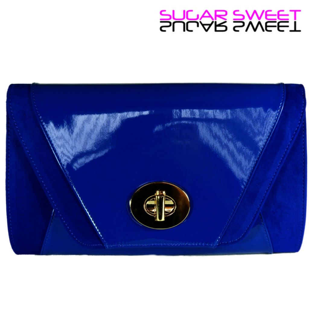 Blue Mock Patent Suede Clutch Bag Gold Clasp Evening Prom Handbag