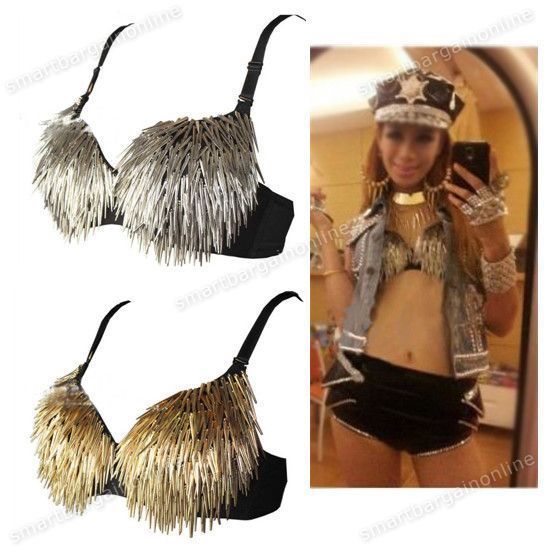 Women Sexy Punk Metallic Long Spike Rivet Studs Bra Top Clubwear