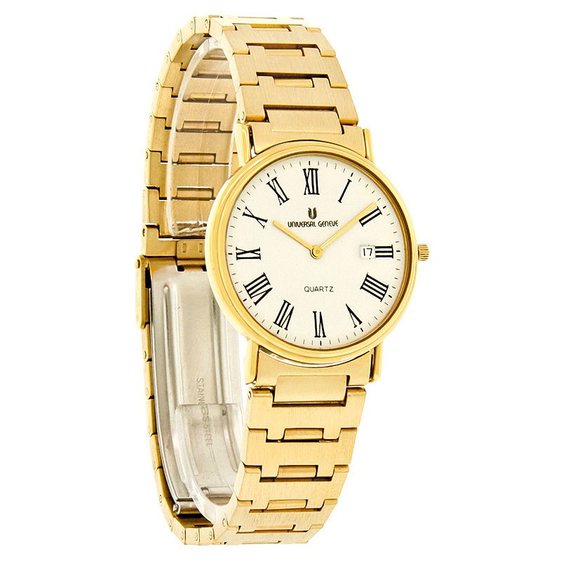 Universal Geneve Mens White Dial 18K Gold Plated Bracelet Swiss Quartz