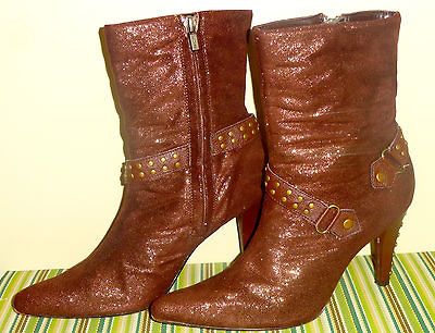 KATHY VAN ZEELAND BROWN SPARKLY MID CALF BOOTS HEELS SHOES SIZE 6 M