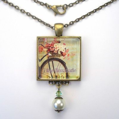 FRENCH BIKE BICYCLE W/ FLOWER BASKET VINTAGE CHARM ART GLASS PENDANT