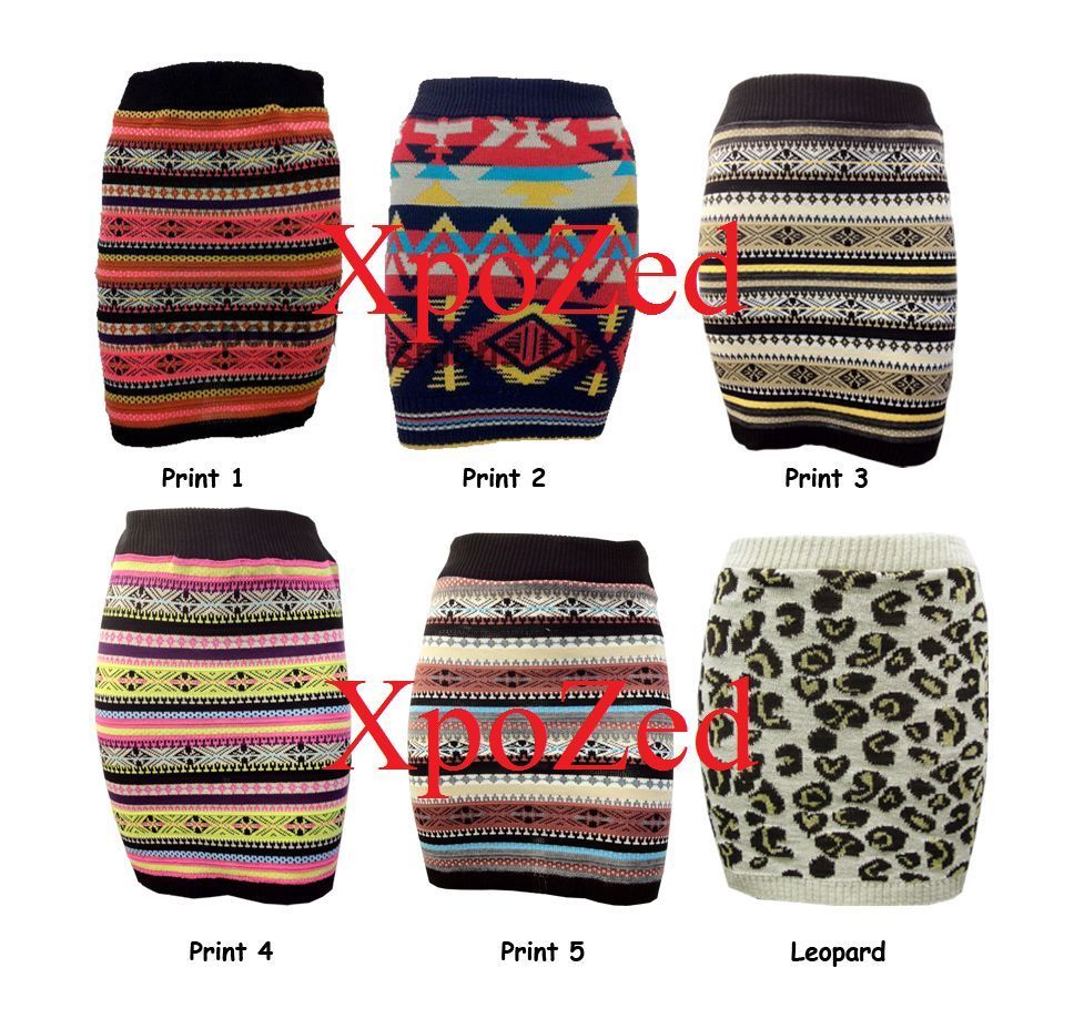 NEW LADIES WOMENS AZTEC DESIGN KNITTED MINI SKIRT