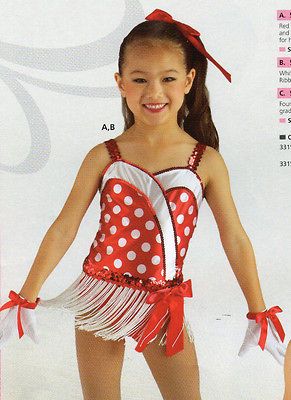 NWT DOTTED Satinette Sequin Leotard Red White DOTS DANCE TAP FRINGE