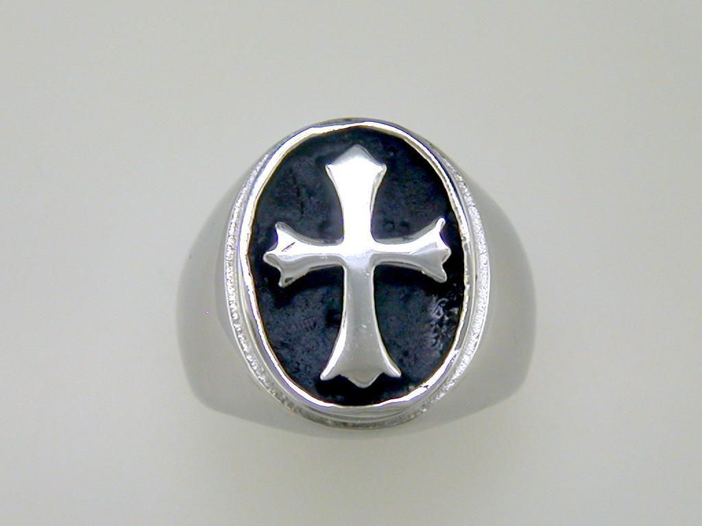 Mens Fleur De Lis Cross Oval Signet Ring Stainless Steel