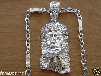 JESUS FACE SILVER TONE PENDANT CHARM 30 CHAIN W/BOX BLING