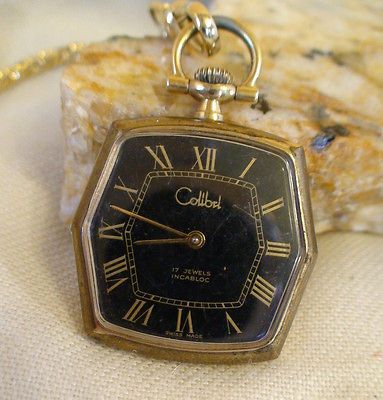 BLACK FACE 17J INCABLOC COLIBRI GOLD TONE POCKET WATCH WORKS WELL(C