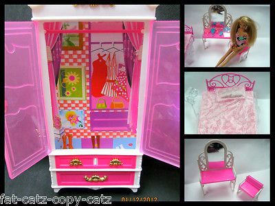 BARBIE SINDY DOLL PLASTIC FURNITURE BED DRESSING TABLE & CHAIR